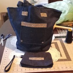 Denim Handbag With Matching Wristlet 