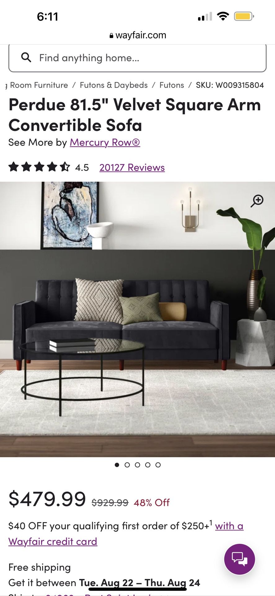 Wayfair - Black Velvet Couch/Futon