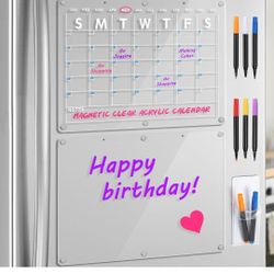 Acrylic Magnetic Dry Erase Board Calendar for Fridge 2 Set, 16.5"x12" Inch Clear Planner for Refrigerator, Includes 6 Colors Magnetic Markers With Era