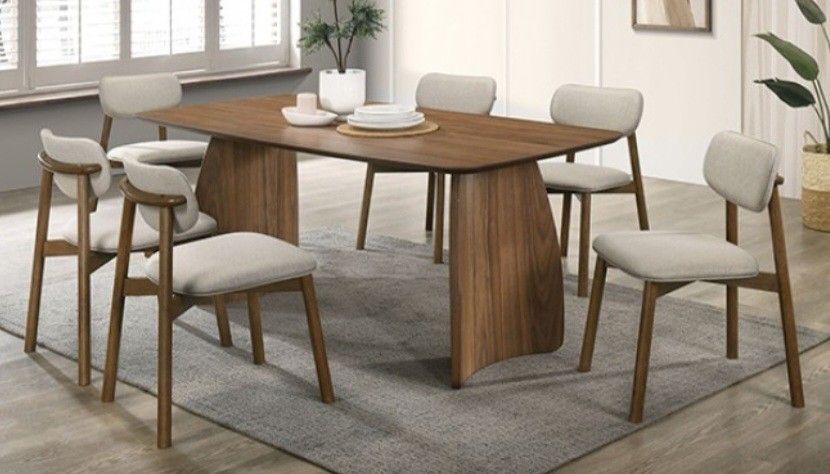 Brand New Walnut & Beige Mid Century Modern Style 7pc Dining Table Set
