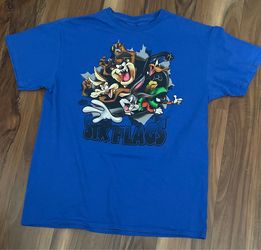 Six Flags Looney Tunes Front & Back Print Blue T-Shirt Size Large