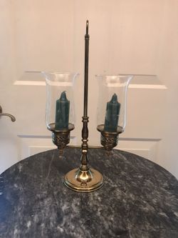 Vintage 1980's Princess House 3 Pc. Brass & Double Etched Crystal Hurricane Tapered Candle Holder