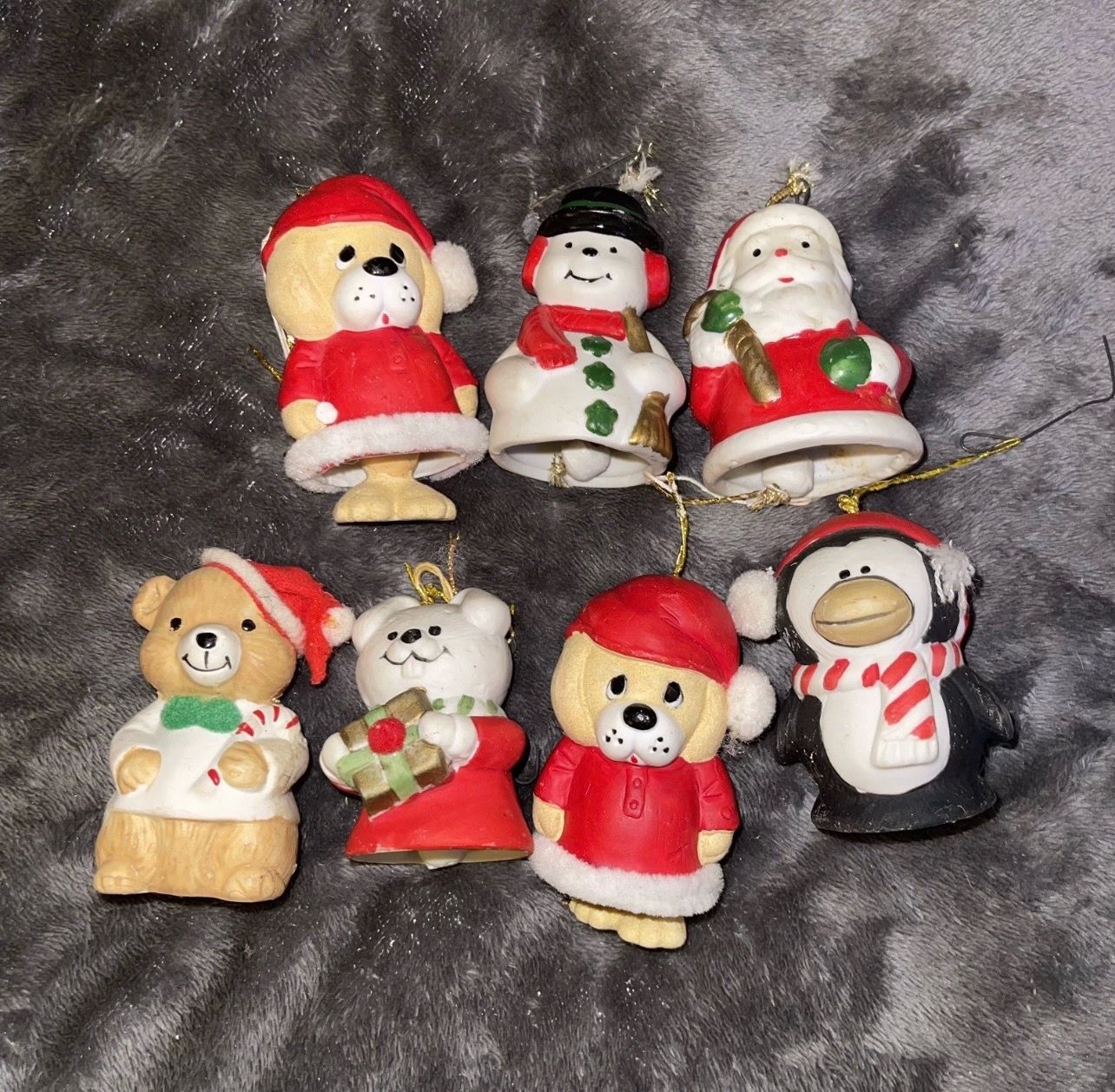 Lot of 7 Vintage JASCO CARING CRITTER CHIMERS Bisque Porcelain Bell Ornaments