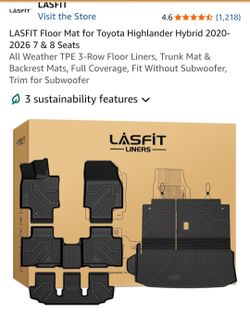 LASFIT Floor Mat for Toyota Highlander Hybrid 2020-
2026 7 & 8 Seats All Weather TPE 3-Row Floor Liners, Trunk Mat & Backrest Mats, Full Coverage, Fit