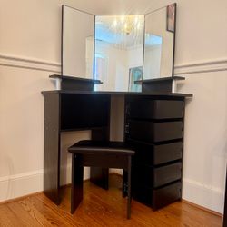 Black Vanity Desk with Mirror and Stool