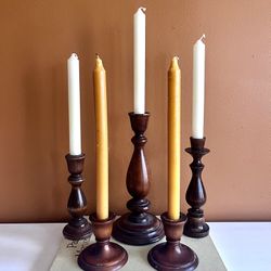 Vintage Wooden Candlestick Holders Set of Five Carved Candle Holders