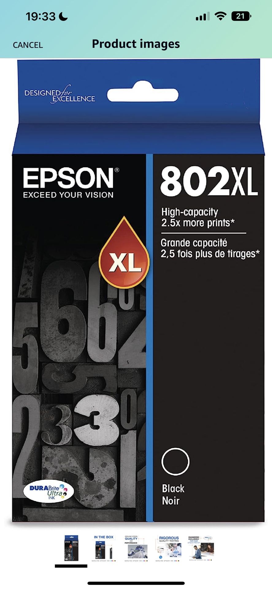 EPSON T802 DURABrite Ultra -Ink High Capacity Black -Cartridge (T802XL120-S) for select Epson WorkForce Pro Printers