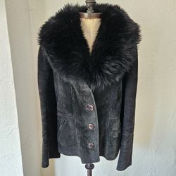 Black Suede Shearling Lined Jacket With Fluffy Toscana Lamb Fur Collar Size S NO OFFERS 