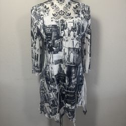 Patchington Mini Dress Size M  3/4 Sleeve New York Print Gray Lightweight