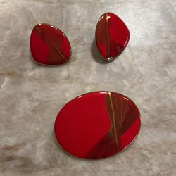 Ceramic Glazed Stud Earrings - Red With Gold Flare and A Matching Pin. Customer Made