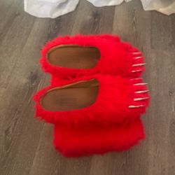 Red Fluffy Spiked Slip-On Shoes