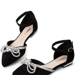 Zelaprox Women’s Black Pointed Flats Shoes Rhinestone Bow Ankle Strap Size 9 New