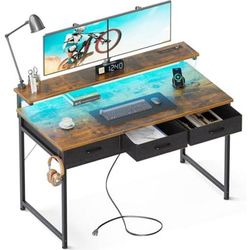 40 Inch Small Computer Desk with 3 Drawers and USB Power Outlets, Home Office Desks with LED Lights and Adjustable Monitor Stand, Work from Home, Mode