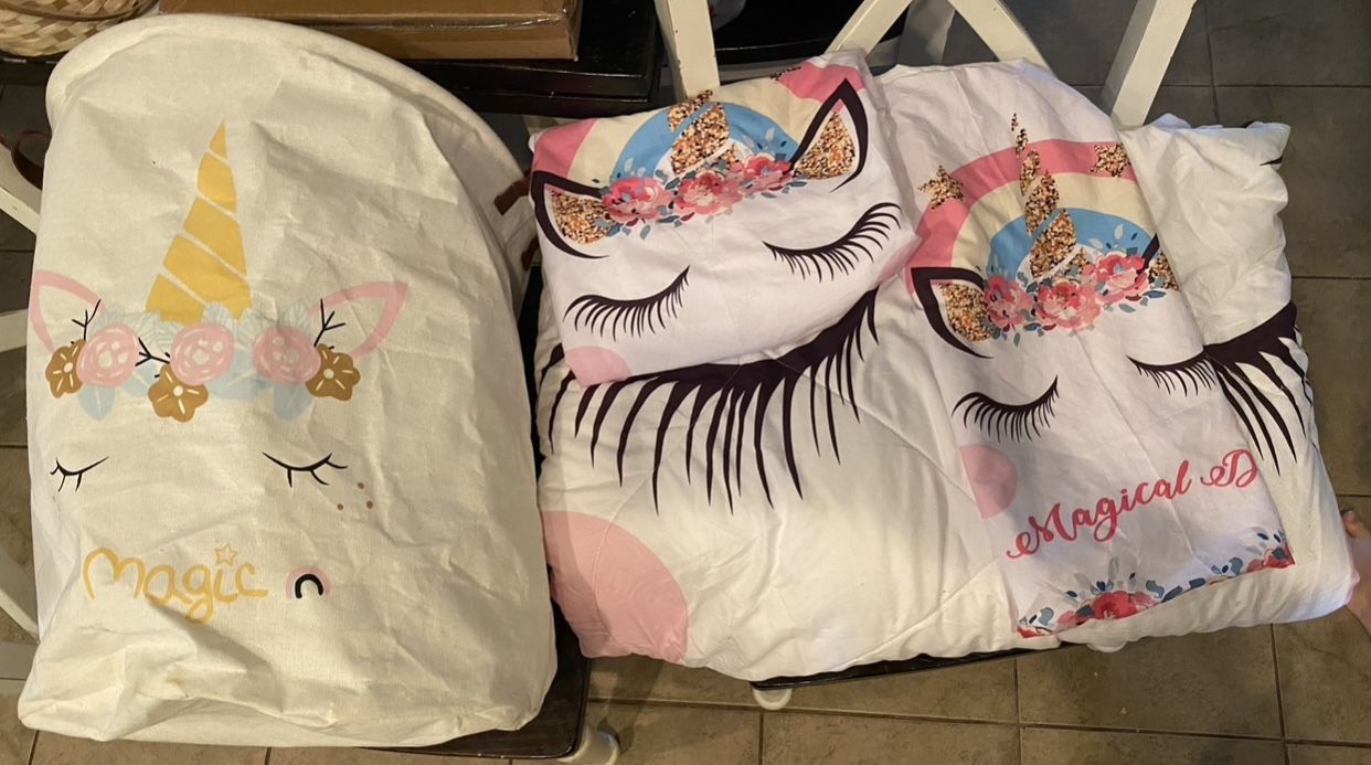 Unicorn Laundry Hamper And Twin Comforter With Pillow Case 