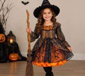 🎃 Girls Witch Halloween Costume Set – Dress + Hat + Broom