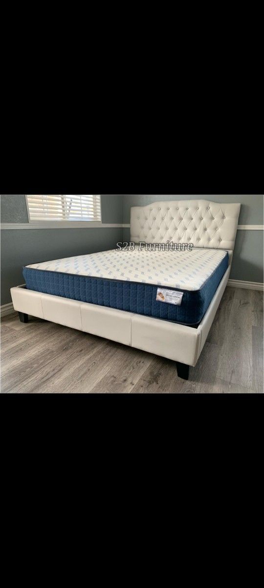 Full White Crystal Button Bed With Orthopedic Mattress Included 