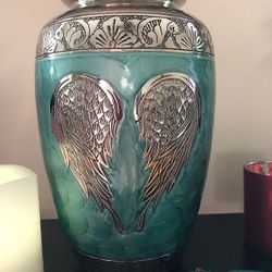 New - Cremation Funeral Urn Adult Large - Wings Metal Silver Green Finish
