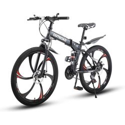 26 Inch Folding Mountain Bike, 21 Speed Full Suspension Bicycle with High-Carbon Steel, Dual Disc Brake Non-Slip Quick Release tire Folding Bicycle fo