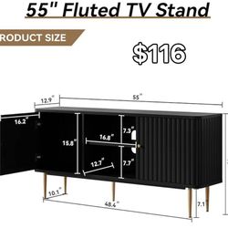 😀 55” Fluted TV Stand, Mid Century Modern Black TV Stand for 55/60/65 inch TV, Entertainment Center with Storage, Television Stands, TV Console,