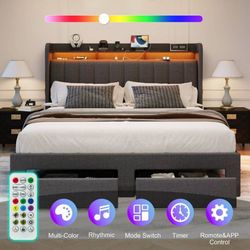 King Size Platform Bed Frame with 2-Tier LED Storage Fabric Wingback Headboard &
