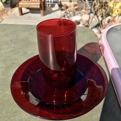 Vintage Ruby Red Beverage Glass And Snack Plate 