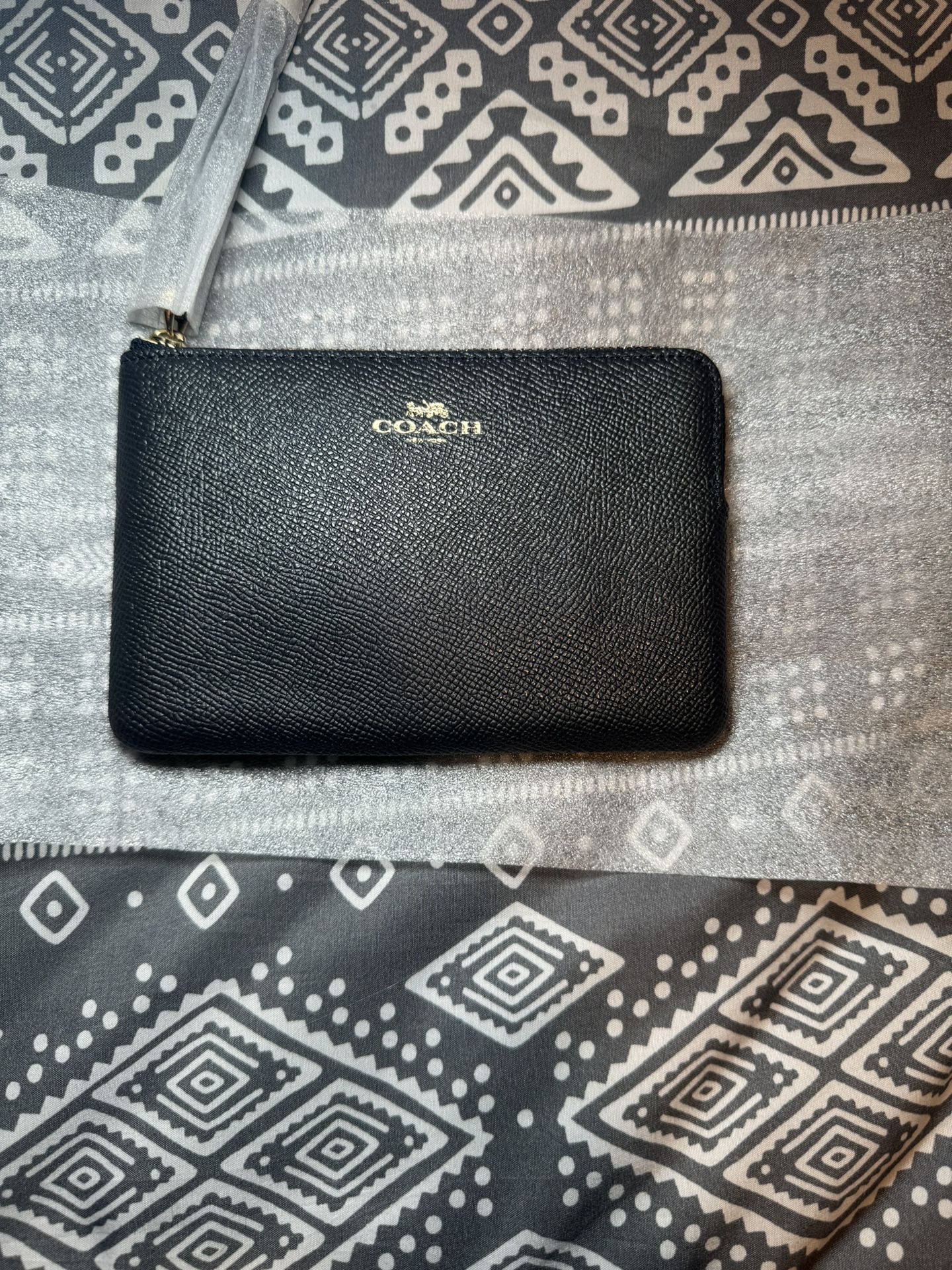 COACH Midnight Blue Cross Grain Leather CORNER ZIP Wristlet Wallet F58032 New!