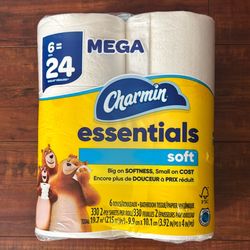 Charmin Essentials SOFT 2 Ply Sheets Toilet Paper: 6 MEGA Rolls = 24 Rolls