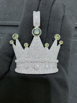 Iced Out Crown Pendant with Green Stones 925 silver Moissanite