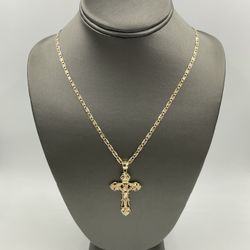 14KT TRI-COLOR 24” VALENTINO LINK CHAIN 9.0GR 3.25MM W/ 14KT TRI-COLOR CROSS CHARM 5.3GR