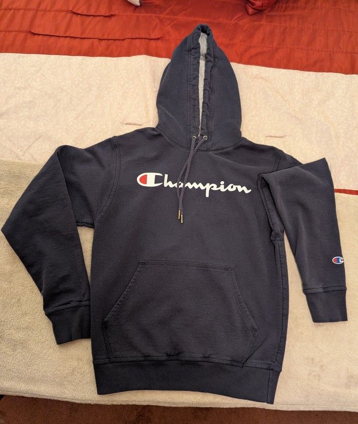 Champion Powerblend Men's Hoodie, Script Logo - Navy Blue, Small (GF89H)