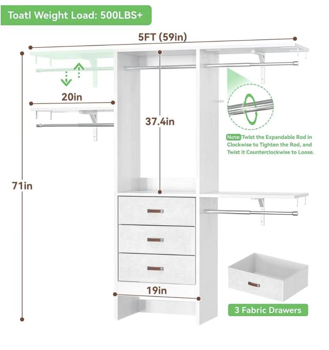 🥨5FT Small Closet System with 3 Fabric Drawers, 60 Inches Walk In Closet Organizer System With 3 Adjustable Shelves, Heavy Duty Clothes Rack Built-In