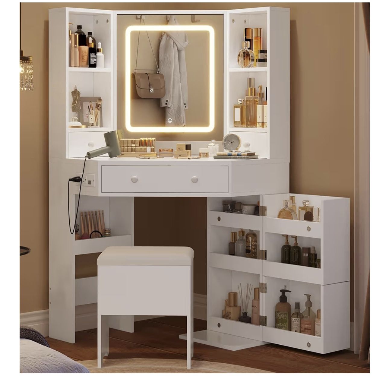 Vanity Desk with Mirror Lights, Storage Bench & Power Outlet