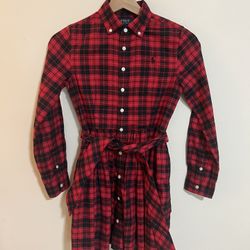 Polo Ralph Lauren Big Girls Plaid Twill Shirtdress Black/Red Sz 10 -