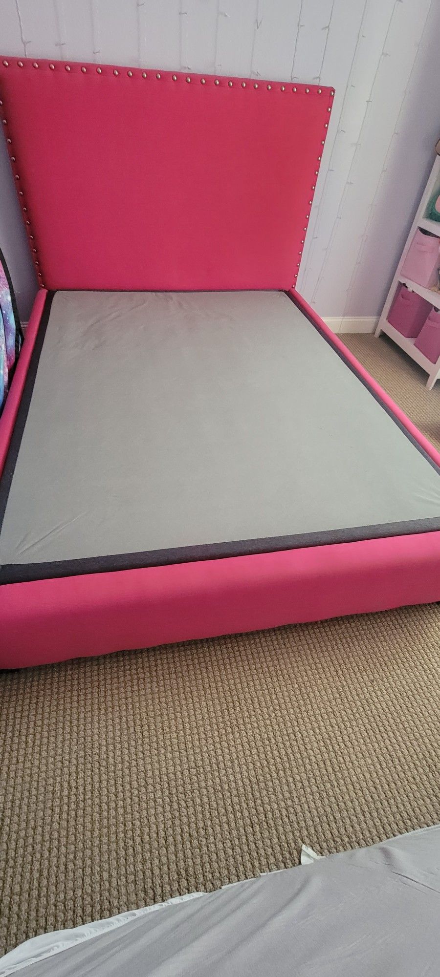 Pottery Barn Hot Pink Queen Bed Frame and Teal Chairs