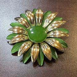 Vintage Green And Gold Metal Brooch