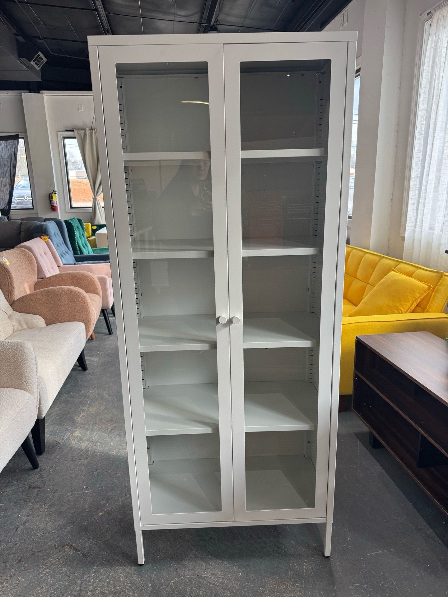 Modern Metal Display Cabinet with 4 Adjustable Shelves, White Glass Doors, 5 Tiers, Home Office, Living Room $130