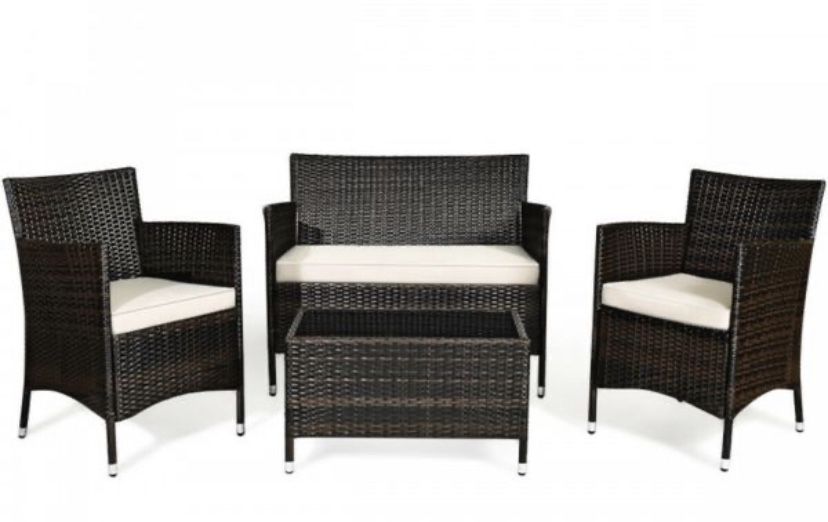 4 Pcs Patio Rattan Conversation Set Outdoor Wicker Furniture Set