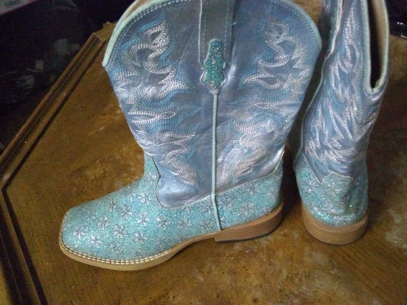 Girls Turquoise Sparkle Roper Cowboy Boots sz 2