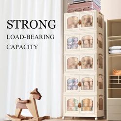 Stackable Storage Bins with 1 Lid Set 4 Tier,8.4 Gal Clear Plastic Folding Storage Box with Wheel and Door,Large Foldable Cabinet Collapsible Bin for 