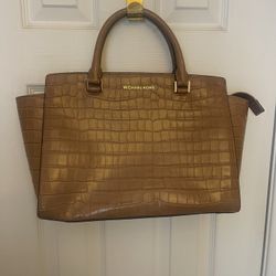 MICHAEL KORS SELMA LG WALNUT CROC EMBOSSED LEATHER SATCHEL CROSSBODY MSRP $448