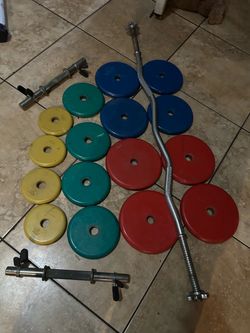 Rubber coated weights and curl bar
