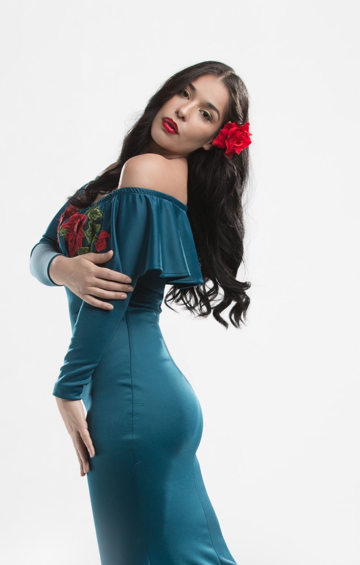 black mid length bodycon dress Vintage Dress with Mexican Embroidered Flowers  Bohemian Vintage Girl