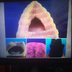 PIDOG CAT PINK PYRAMID BED $15 =GREY $15 =CARPET $5=  BACK PACK CARRIER $10   