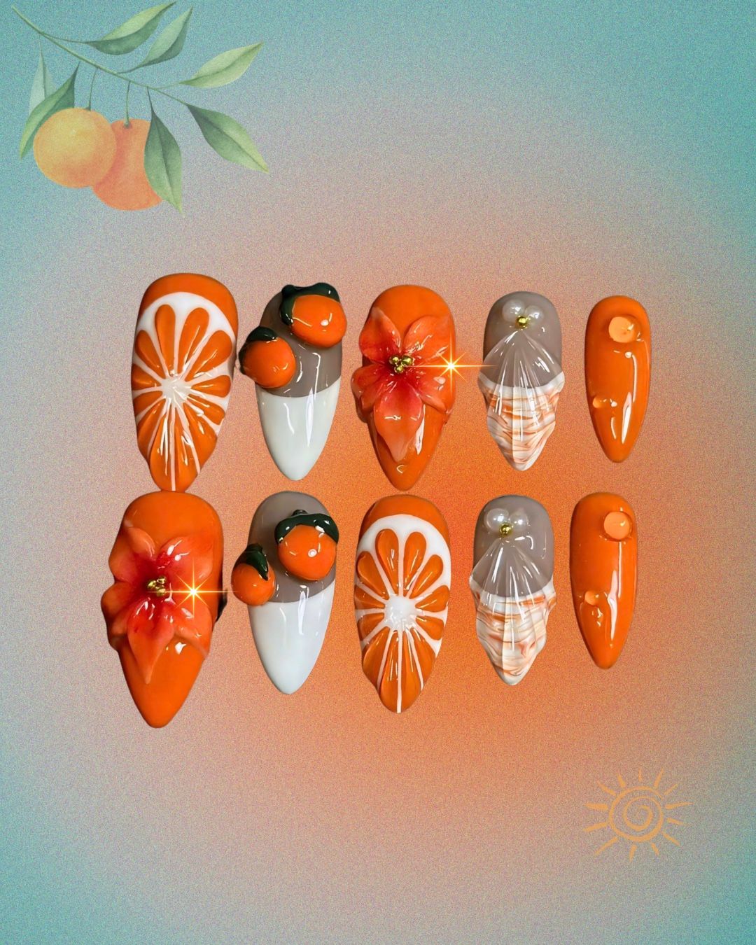 Orange Citrus & Floral Press-On Nails – Summer Fruit Nail Art