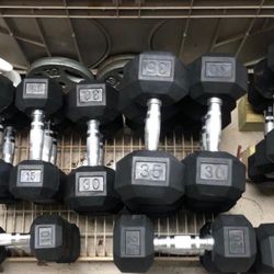 VARIETY OF NEW  RUBBER DUMBBELLS :  5s 10s    15s  20s   25s  30s  35s  40s   45s  50s  55s  60s  65s     = ($1.35 LB.)  