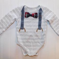 Baby Boys Clothes Mud Pie 3-6 Months Gray Striped Bodysuit Top Bow Tie 