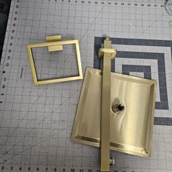 Brushed Gold Shower Head, Flange, and towel holder