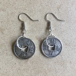 🪙 Pretty silver tone Chinese coin charm earrings