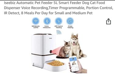 Iseebiz Automatic Pet Feeder 5L Smart Feeder Dog Cat Food Dispenser Voice Recording,Timer Programmable, Portion Control, IR Detect, 8 Meals Per Day fo