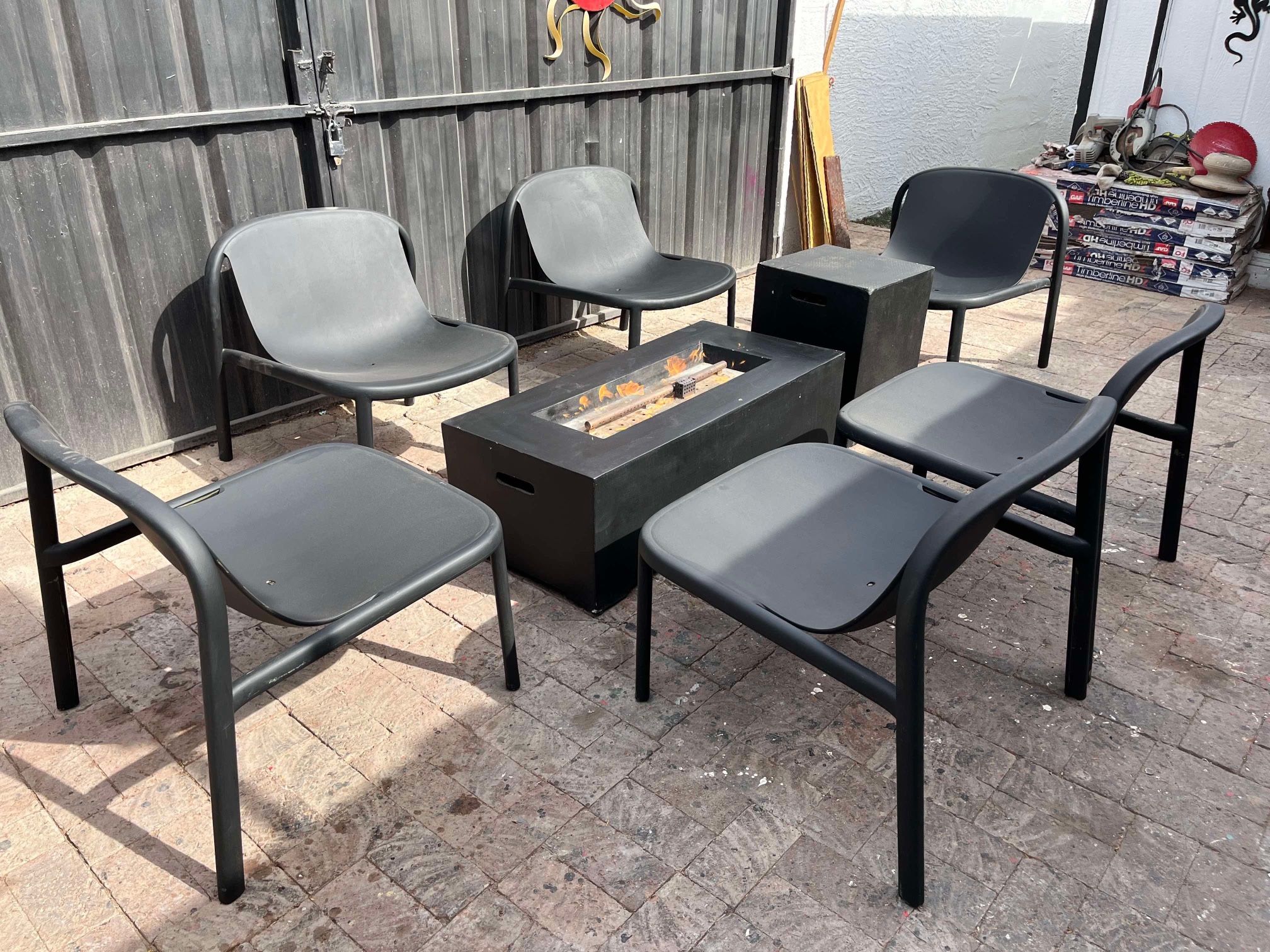 6 Hard Plastic Low Chairs w/ Rectangular Metal Firepit & Gas Tank Metal Cover